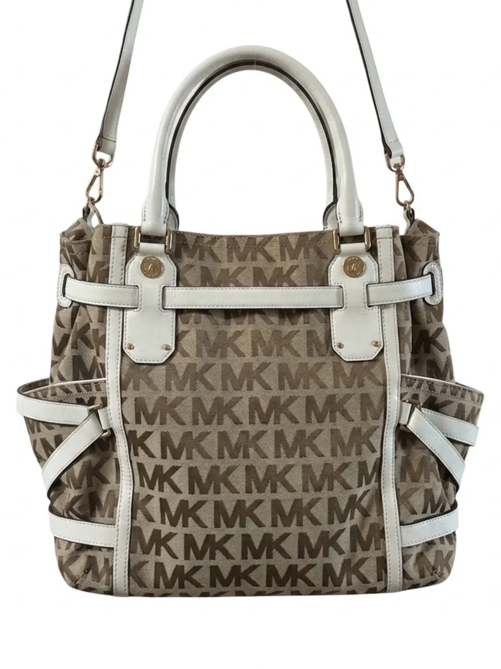 Michael Kors Gansevoort Satchel MK Logo Tote with White Trim and Gold Hardware